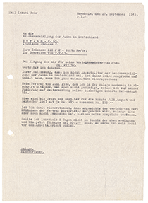 Brief an die Reichsvereinigung, Din A4, auf Schreibmaschine getippt, Durchschlag, sehr dünnes Papier.